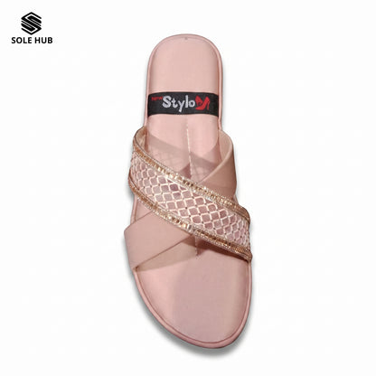 Women's Pink Flats Sandals | Stylish Cross-Strap Slip-On Footwear