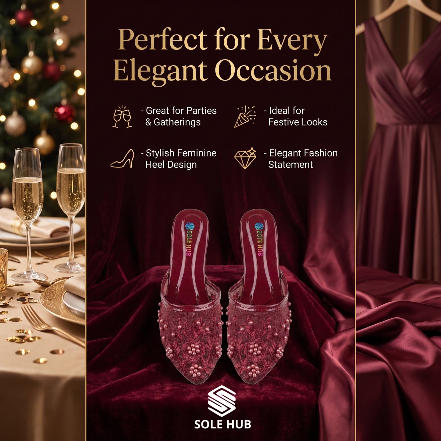 Women's Embroidered Party Heels | Elegant Festive Slip-On Shoes